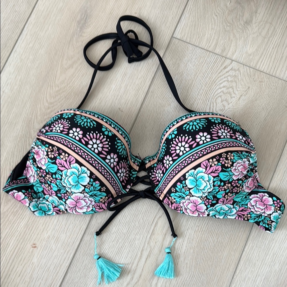 Floral Black and Pink Bikini Top